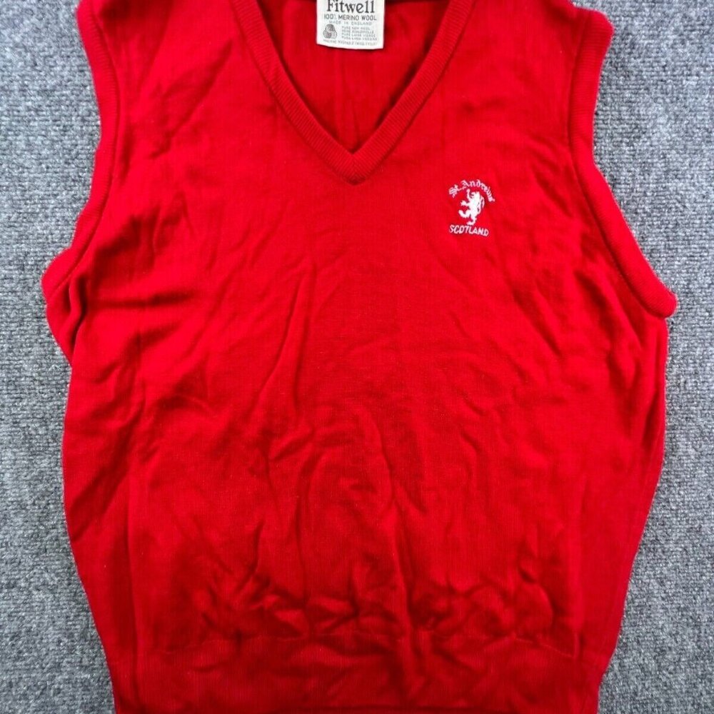Fitwell Made In England St Andrew’s Scotland Red Merino Wool Vest RARE XL VTG